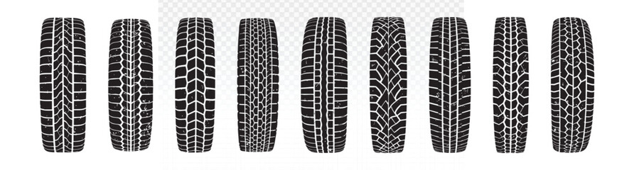 Vector set of nine black tire tread patterns featuring mud, snow, and all-weather designs. Monochrome industrial elements ideal for automotive branding, repair services, racing themes, and off-road 