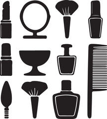 Fototapeta premium Beauty and Makeup Silhouette Vector Bundle | Cosmetics, Perfume, Nail Polish Icons | Black Vector