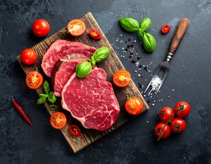 Raw steaks on cutting board with tomatoes, basil, and seasoning