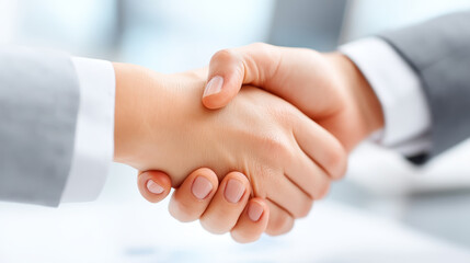 Obraz premium Close up view of business handshake, symbolizing agreement and partnership. hands are well groomed, showcasing professionalism and trust in corporate environment