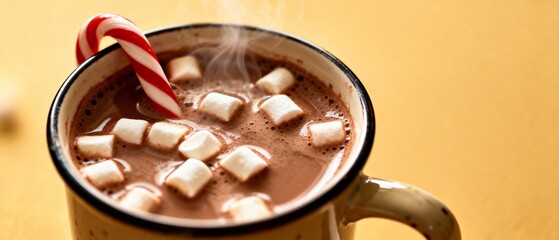 Hot chocolate with marshmallows and candy cane on yellow background  