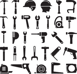 Construction Tools Silhouette Vector Bundle | Building Equipment Icons | Hammer, Saw, Wrench Vector Set