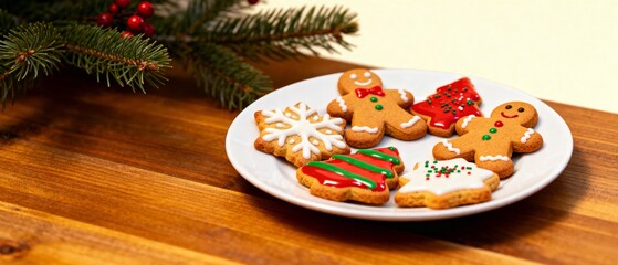 Gingerbread cookies arranged on a white plate with Christmas decor  