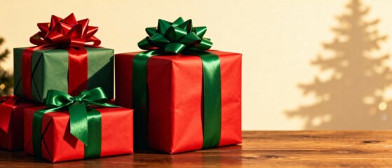 Colorful Christmas gift boxes with red and green ribbons on table  