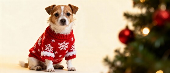 Dog wearing a red sweater sitting beside Christmas tree decorations  