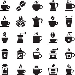 Coffee Silhouette Vector Bundle | Cafe Icons Set | Cup, Beans, Mug, Grinder Vector Illustration