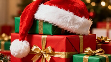 Christmas gifts with red and green wrapping and Santa hat on top  
