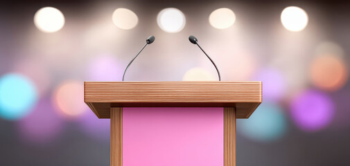 Vibrant photo of empty podium with microphones, ready for speech or presentation, set against blurred background of colorful lights, creating inviting atmosphere