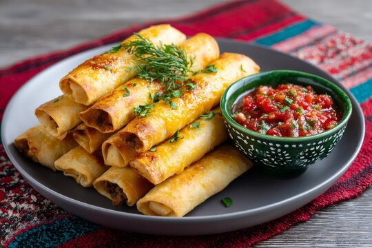 Mexican taquitos or flautas with fresh salsa dip