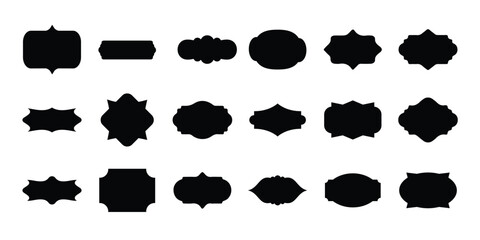Collection of diverse black ornate decorative frames and labels on a white background