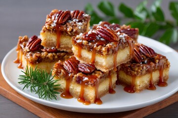 Pecan pie bars with caramel and nuts on plate