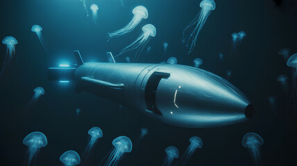 Underwater exploration vehicle gliding through serene ocean environment surrounded by glowing jellyfish showcasing beauty of marine life