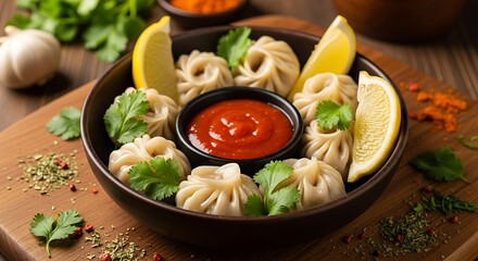 Delicious Steamed Momos Served With Spicy Dipping Sauce And Lemon Wedges