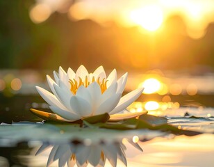 White water lily floating on serene water at sunset