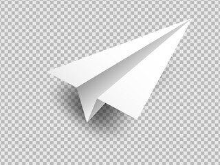 Realistic Paper Airplane Vector Mockup. 3D Origami Plane with Shadow on Transparent Background