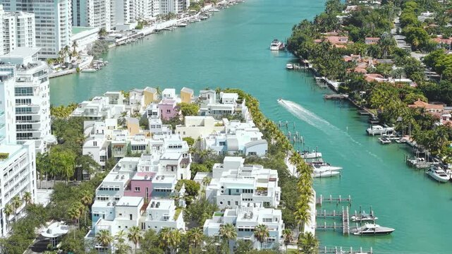 Miami Beach, Florida USA, Drone Shot of Allison Island, Boats in Indian Creek, La Gorce Neighborhood and Beachfront Towers
