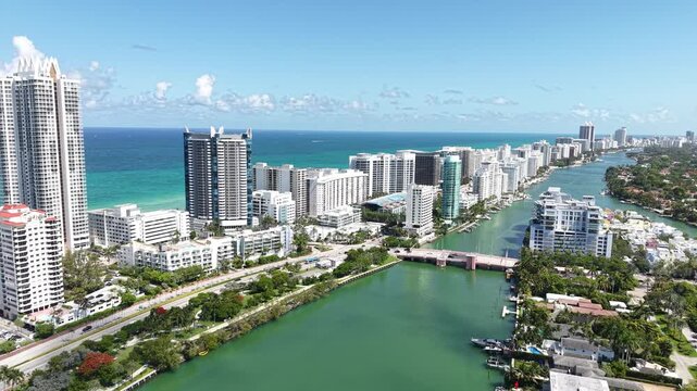 Drone Shot of Miami Beach, Indian Creek, Beachfront Buildings and Allison Island, Florida USA