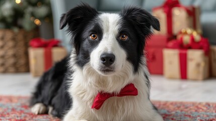 A festive Border Collie dog wearing a red bowtie sits indoors with Christmas gifts