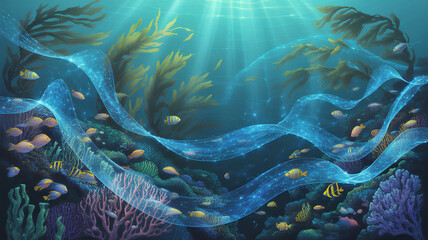 Beneath ocean surface, vibrant marine life thrives in network of colorful corals and flowing currents, showcasing beauty of 5G and IoT technology