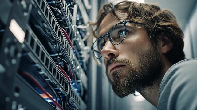 Server Room Specialist: A focused technician with glasses meticulously examines the intricate wiring of a server rack, highlighting technological expertise and data management capabilities. - Powered by Adobe