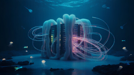 Futuristic underwater data center showcases vibrant network of 5G technology and IoT devices, harmonizing with ocean ecosystem