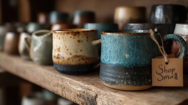 Handmade ceramic mugs with shop small tag promoting local artisans