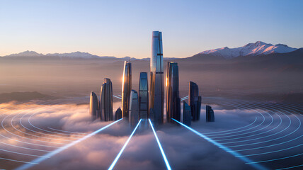 Futuristic city skyline emerges from clouds with network of glowing lines symbolizing 5G and IoT connectivity, showcasing innovation