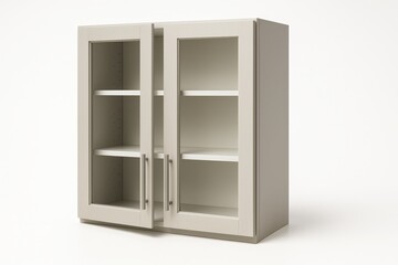 Kitchen wall cabinet with double glass doors slightly open front three quarter hero angle on white