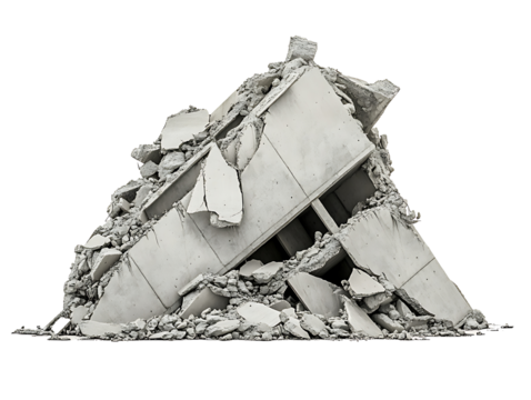 PNG file Destruction: A concrete building lies in ruins, its structure fractured and collapsed, a stark reminder of devastation and the aftermath of a catastrophic event. on transparent background PNG