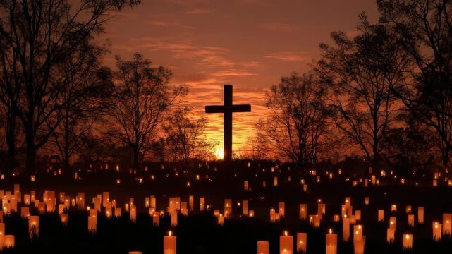 Large cross standing on a hill at sunset, surrounded by many burning candles