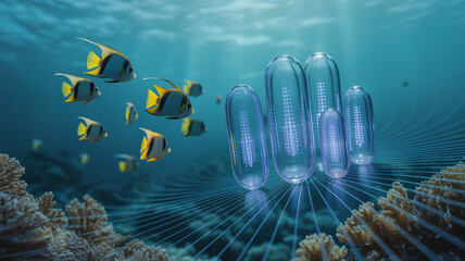 Underwater scene featuring colorful fish swimming near coral, with futuristic transparent structures emitting light, symbolizing 5G, IoT