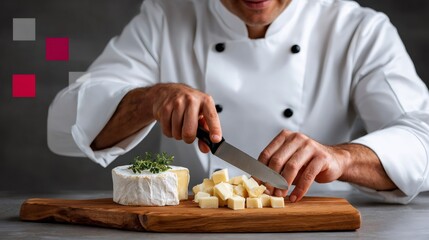 Chef cutting brie cheese on wooden board