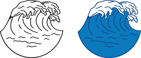 Dynamic Ocean Wave Icon Pair: Black Outline and Bold Blue Wave Illustration for Sea, Surf, and Nature Themes Vector Illustration