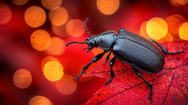 Black beetle poised on vivid red leaf, softly lit bokeh background