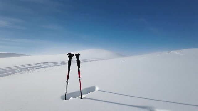 Ski poles in snow with blue sky.