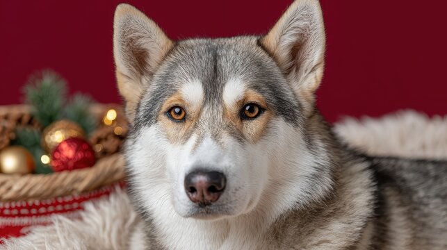 Festive husky dog portrait with Christmas deco ns and pinecones