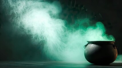 Witch's cauldron emitting green smoke on dark background - Powered by Adobe