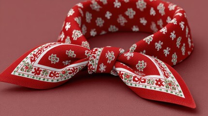 Red bandana with intricate floral pattern tied in a bow