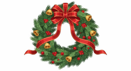 Vector illustration of a traditional winter Christmas wreath with a large red bow, golden bells, and holly berries on a white background