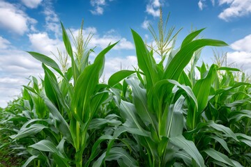 Fototapeta premium Green corn field growing under blue summer sky