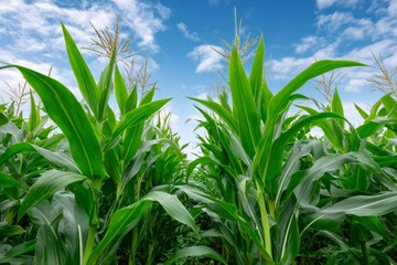 Obraz premium Healthy green corn plants growing under blue sky