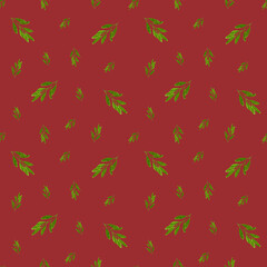 A seamless pattern of olive leaves on a burgundy background. Perfect for wallpaper, gift wrapping, fills, web backgrounds, and summer greeting cards.