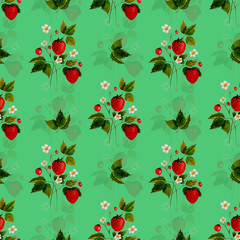 Hand drawn watercolor strawberry branch on emeraldbackground. Watercolor berry pattern. Perfect for wallpaper, gift wrap, pattern fill, web page background, autumn greeting cards