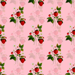 Hand drawn watercolor fresh strawberry on pink background. Watercolor berry pattern. Perfect for wallpaper, gift wrap, pattern fill, web page background, autumn greeting cards