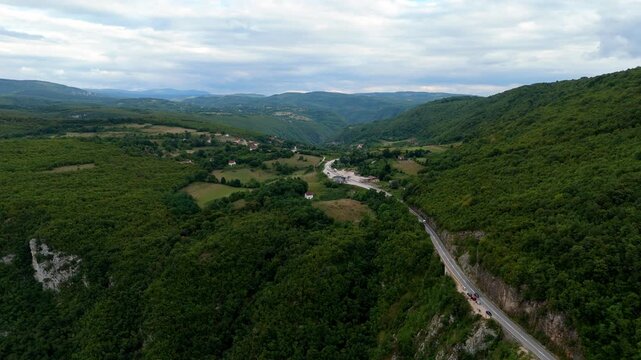 Aerial drone view roading leading to the Vrbas River in Bosnia and Herzegovina