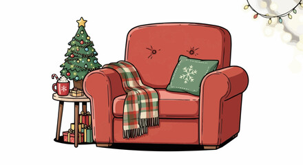 Cozy Red Armchair with Festive Christmas Tree and Gifts, Vector Illustration for Winter Holidays 2026