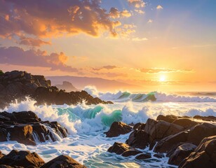 The sun casts a warm golden glow over the ocean as waves crash against the rocky shoreline, creating a scenic seascape with beautiful clouds in the sky, capturing a tranquil coastal landscape.