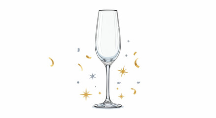 Elegant empty champagne flute with festive confetti for a winter new year 2026 celebration, vector illustration