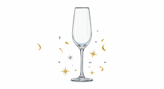Elegant empty champagne flute with festive confetti for a winter new year 2026 celebration, vector illustration