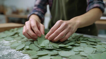 Close-up of hands arranging fresh eucalyptus leaves for crafting natural ornaments or decorations on a work surface